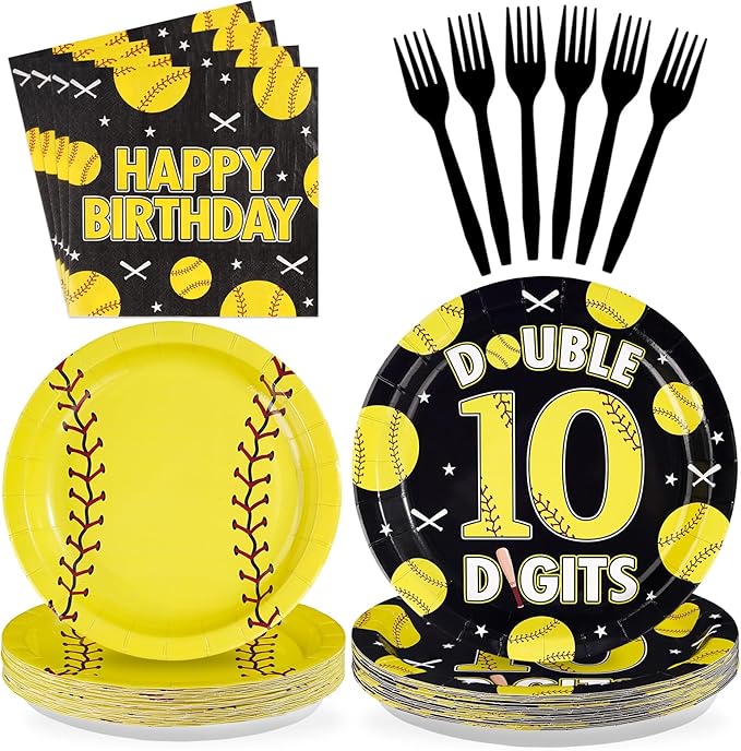 96Pcs Softball 10th Birthday Party Supplies Sport Themed 10th Birthday Plates and Napkins Yellow Black Softball Disposable Paper Tableware Set for Kids 10 Year Old Party Supplies Serves 24