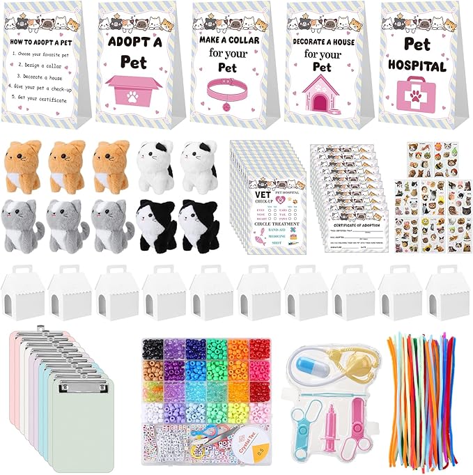 115 Pcs Adopt a Cat Party Favors Pet Adoption Station Package Include 10 Mini Plush Cats 10 Boxes and 95 Adopt a Cat Supplies for Birthday Party Gifts