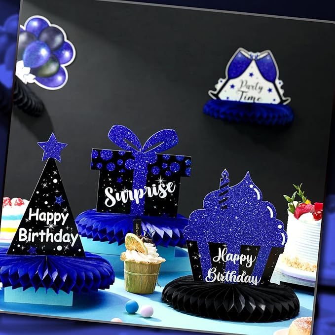 Yexiya 8 Pcs Blue and Black Birthday Centerpiece Table Decoration, Happy Birthday Honeycomb Centerpieces Honeycomb Table Toppers for Men Women Party Supplies