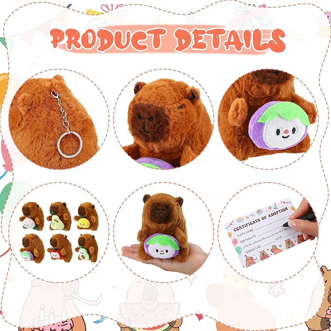 103 Pcs Adopt a Capybara Party Favors Capybara Themed Favors Boxes Include 12 Mini Plush Dolls 12 Boxes 12 Birthday Hats 12 Cards and 55 Stickers for Birthday Party Gifts Decoration