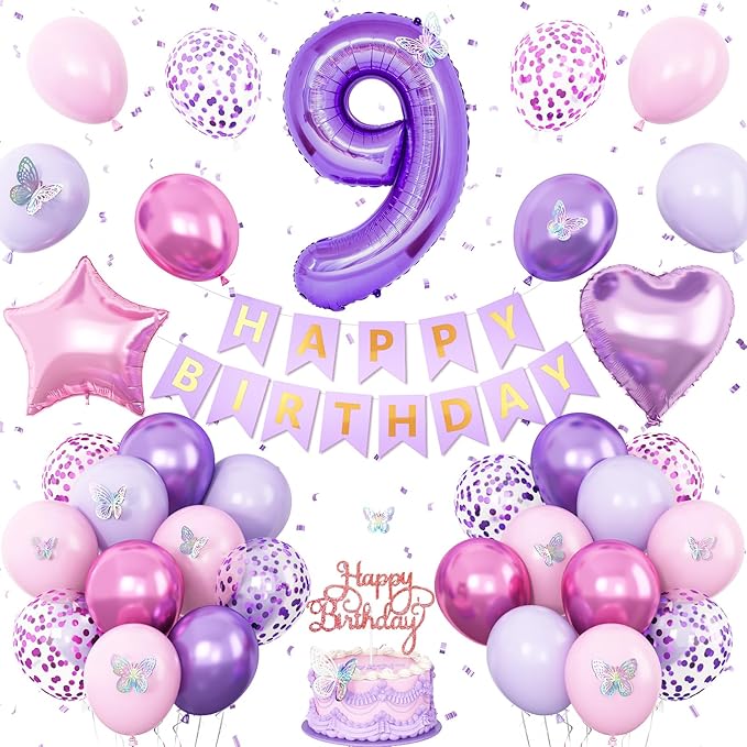 9th Birthday Decorations for Girl,Pink Purple 9th Butterfly Party Decorations 9 Birthday Balloons Pink Purple Banner Number 9 Balloons Cake Topper Butterfly Party Supplies for Girls