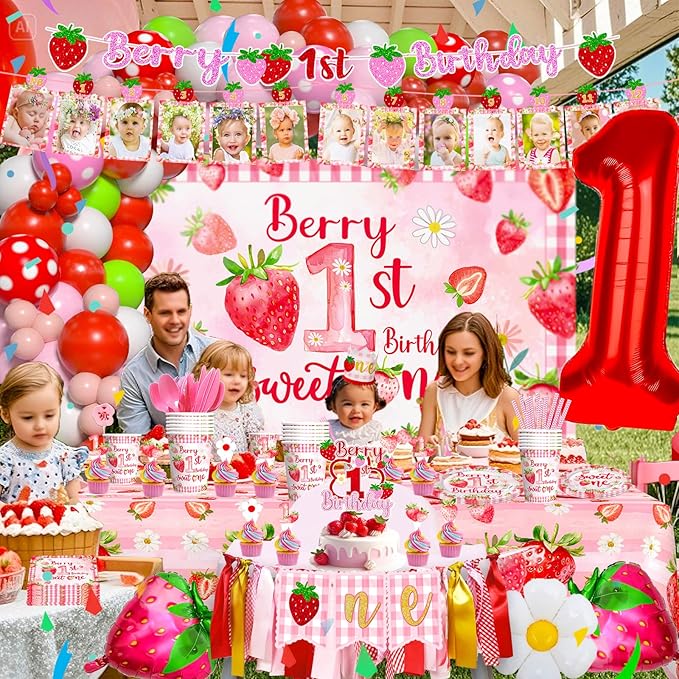 Strawberry first Birthday Decorations for Girls Berry Sweet One Strawberry 1st Birthday Decor Party Supplies include Photo Banner Highchair Banner Crown Balloon Boxes Backdrop Tableware Set