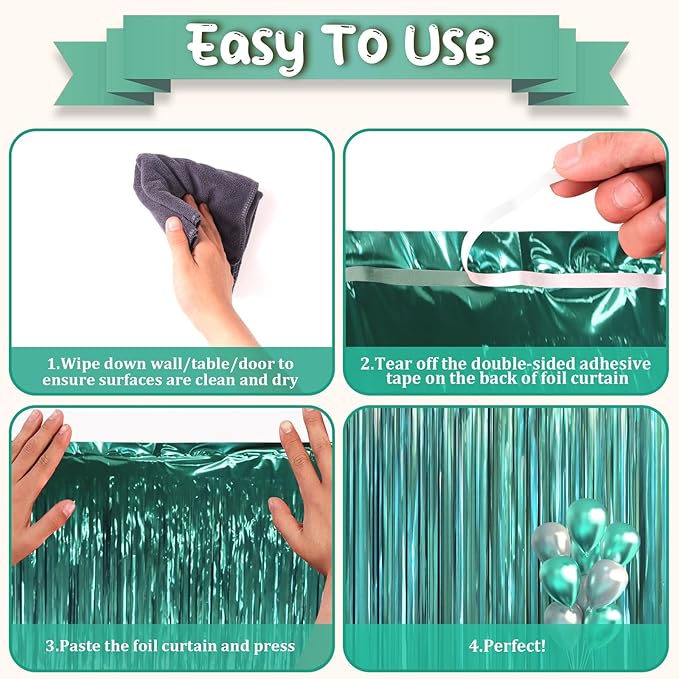 3.3 x 6.6 ft Foil Fringe Backdrop Curtains, Tinsel Streamers Party Decorations, Fringe Backdrop for Birthday, Baby Shower, Gender Reveal, Graduation (3, Retro Green)