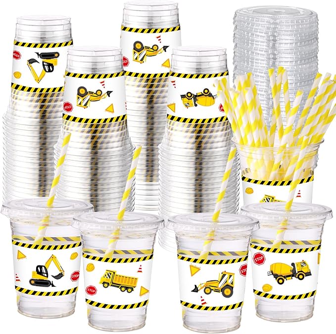 Yungyan 50 Sets Construction Theme Party Plastic Cups with Lids and Straws 16 oz Coffee Juice Drinking Cups for Birthday Baby Shower Party Supplies