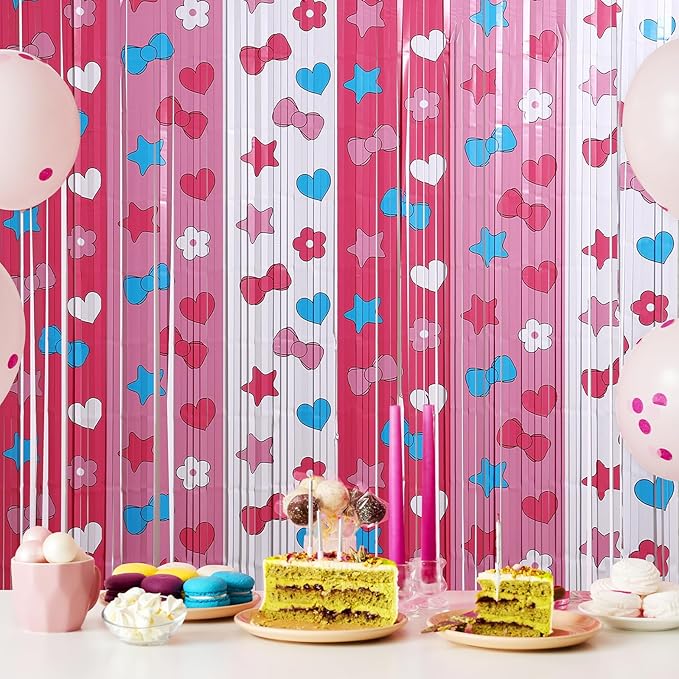 Adorable Kawaii Cat Party Decor Kit with 15 Balloons - 2 Pack 3.3x6.6ft Tinsel Foil Fringe Curtains Backdrop, Photo Booth Bows, Girls’ Birthday Party Supplies Room Decor (Pink/White)