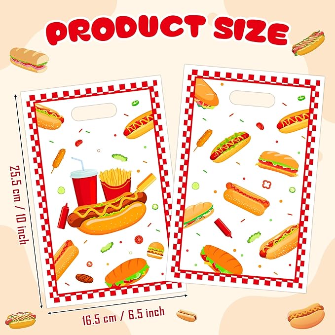 Hot Dog Party Favor Bag 50Pcs Hotdog Snacks Goody Candy Treat Gift Bag Delicious Food Themed Party Decoration for Kids Birthday Party BBQ Sausage Food Hotdog Celebrations Picnic Supplies