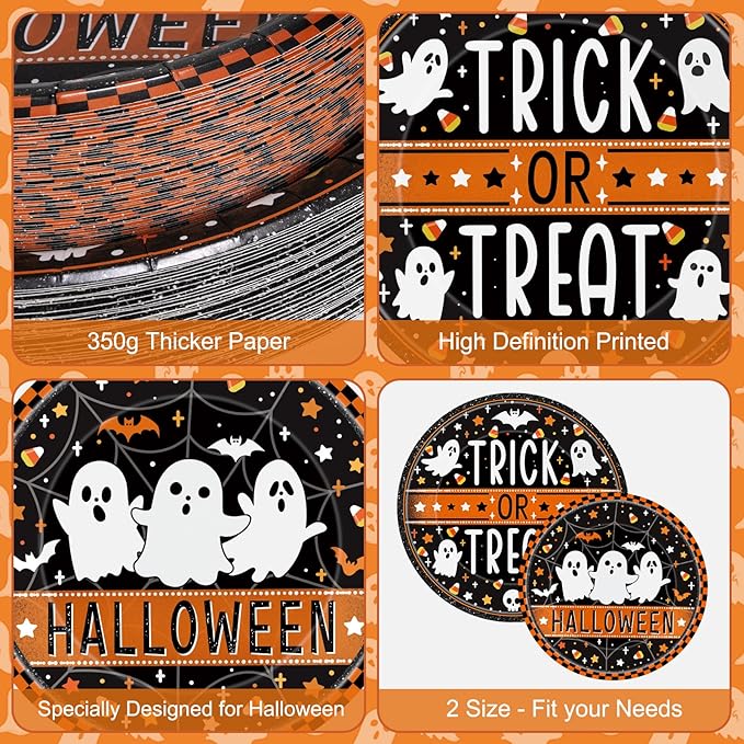 24 Pcs Happy Halloween Paper Plates Set - Cute Ghost Round Plate, Disposable Trick or Treat Dinner Dessert Plates Tableware Kit for Halloween Party Decorations Supplies Table Decor, Black Orange