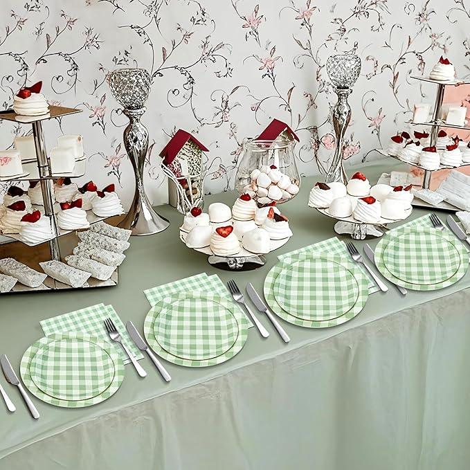 180Pcs Green Gingham Party Supplies Paper Plates and Napkins Serve 60 Disposable Tableware Set for Birthday Party Decorations Game Day Family Holiday Sports Events