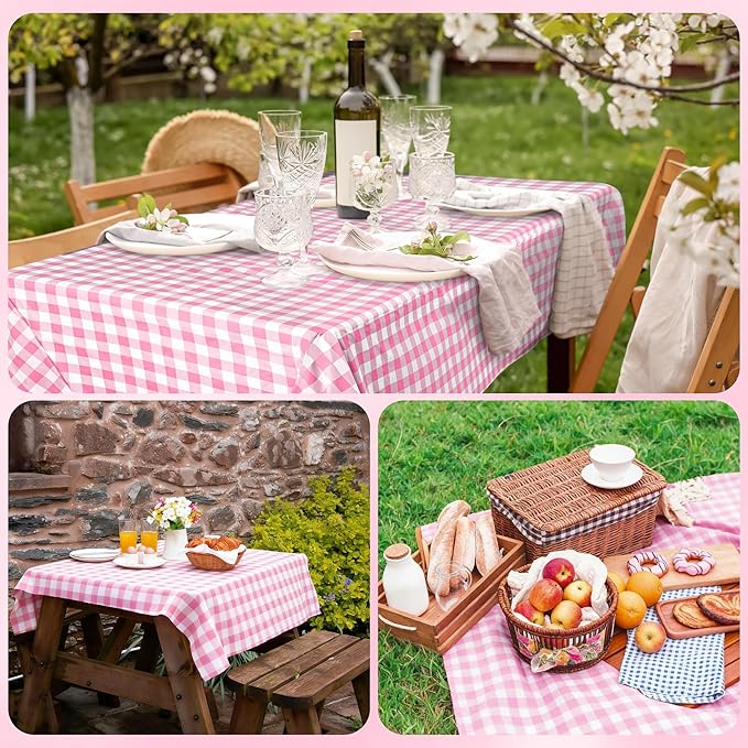 Kochorie 54 Inch x 300 Ft Light Pink Checkered Plastic Table Cloth Roll Disposable Waterproof Table Cover Plastic Table Cover Roll with Easy Slide Cutter for Outdoor Picnic/Home Dining/Spring Party