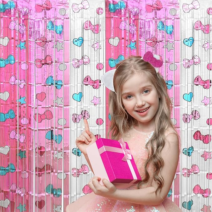 Kawaii Birthday Decorations, 2 Pack Cartoon Cat Theme Party Supplies, 3.3 x 6.6ft Tinsel Foil Fringe Curtains, Bow Photo Booth Props, Backdrop Streamers, Perfect Room & Doorway Decor for Girls