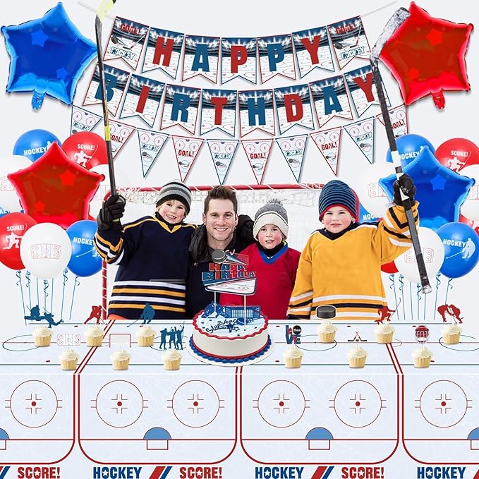 Hockey Party Decorations, Happy Birthday Banner, Ice Hockey Theme Cake Toppers, Latex Balloons and Tablecloth for Kids Party Sports Ice Hockey Birthday Party Supplies