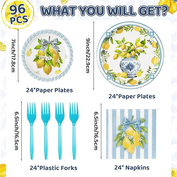 96Pcs Chinoiserie Vase Lemon Party Plates Supplies Capri Lemon Blue White Vase Tableware Decorations Disposable Paper Plates Napkins Forks for Birthday Summer Party Wedding, Serves 24