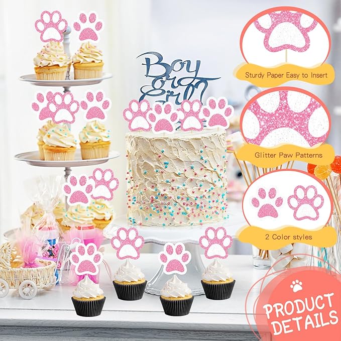 36 Pcs Paw Cupcake Toppers Pink Glitter Dog Paw Cake Decorations Glitter Puppy Cupcake Toppers for Baby Shower Boys Girls Birthday Party Cake Supplies (2 Styles)