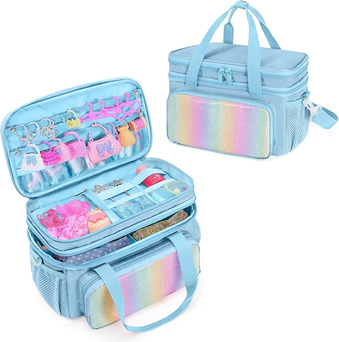 Carrying Case Compatible with Barbie Doll Clothes, Doll Accessories Storage Organizer, Double Layer Design, with Handle and Detachable Shoulder Strap, Case only (Blue)
