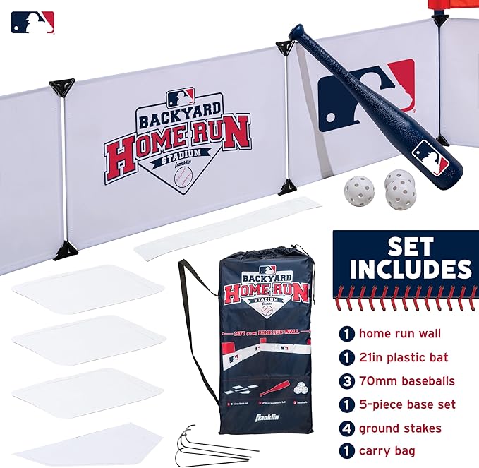 Franklin Sports MLB Kids Backyard Baseball Stadium - Kids Plastic Baseball Set with Home Run Walls, Bat, Plastic Balls + Throw Down Bases - 14' Fence for Backyard Diamond