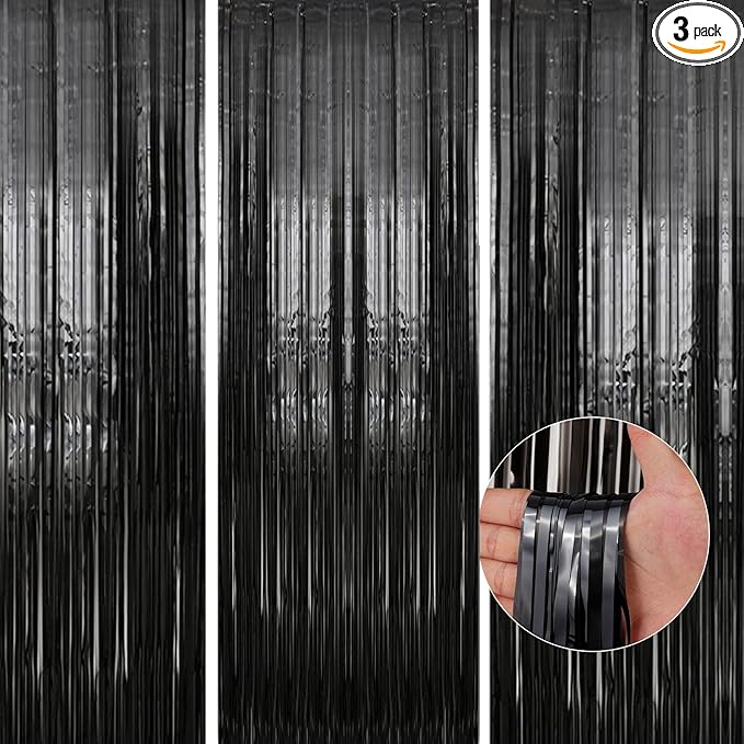 3 Pack 3.3 x 9.9 ft Black Foil Fringe Backdrop Curtain, Streamer Backdrop Curtains, Streamers Birthday Party Decorations, Tinsel Curtain for Parties, Galentines Decor, Preppy, Photo Booth