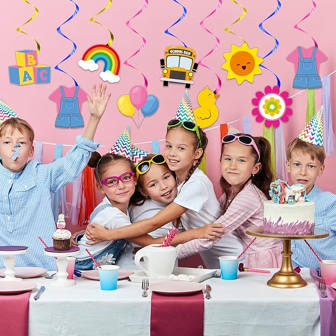 9Pcs Girls Party Decoration Cartoon Teacher Hanging Swirls Cartoon Girl Ceiling Streamers English Teacher School Bus Rainbow Hanging Decorations for Kids Birthday Baby Shower Classroom Party Supplies