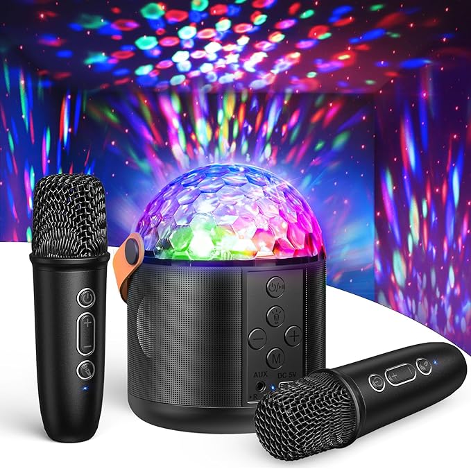 Karaoke Machine with Disco LED Lights for Adults Kids, Portable Bluetooth Speaker with 2 Wireless Microphone Toys Easter Birthday Gifts for Boys Girls Family Home Party