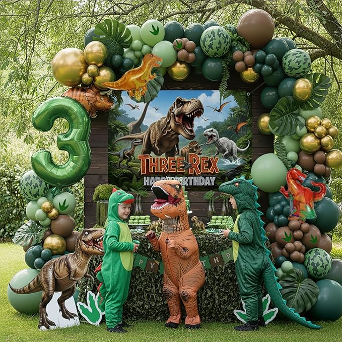 Dinosaur Birthday Decorations include Hunter Green Brown Gold balloon arch & small Dino Foil balloons & banner backdrop & footprint stickers for Kids Boys Jungle Safari Dino 3rd T-Rex Party Supplies