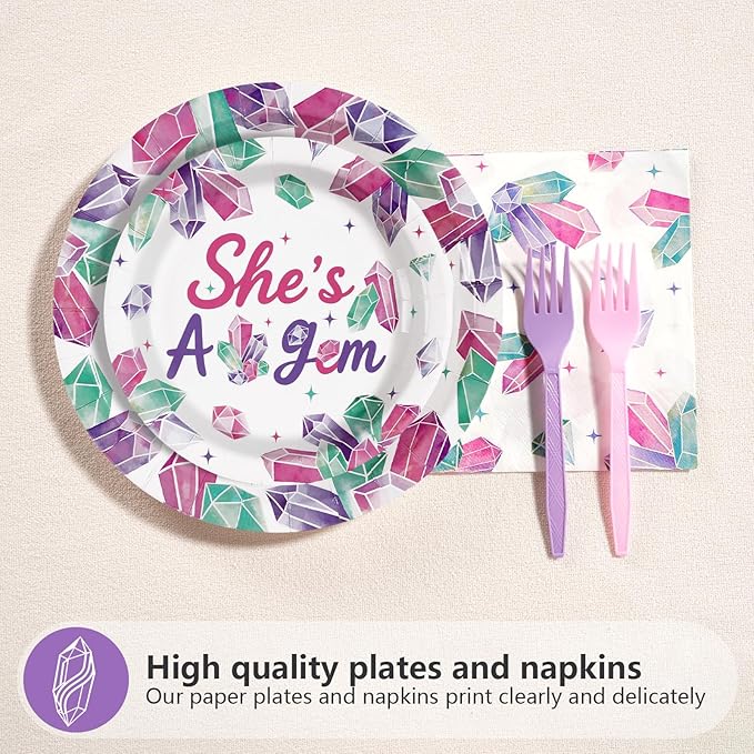 96Pcs Pink & Purple Gem Stone Birthday Party Supplies She's a Gem Plates and Napkins Disposable Pink Purple Jewel Crystal Diamond Tableware Set for Girls Happy Birthday Party Decorations Serves 24