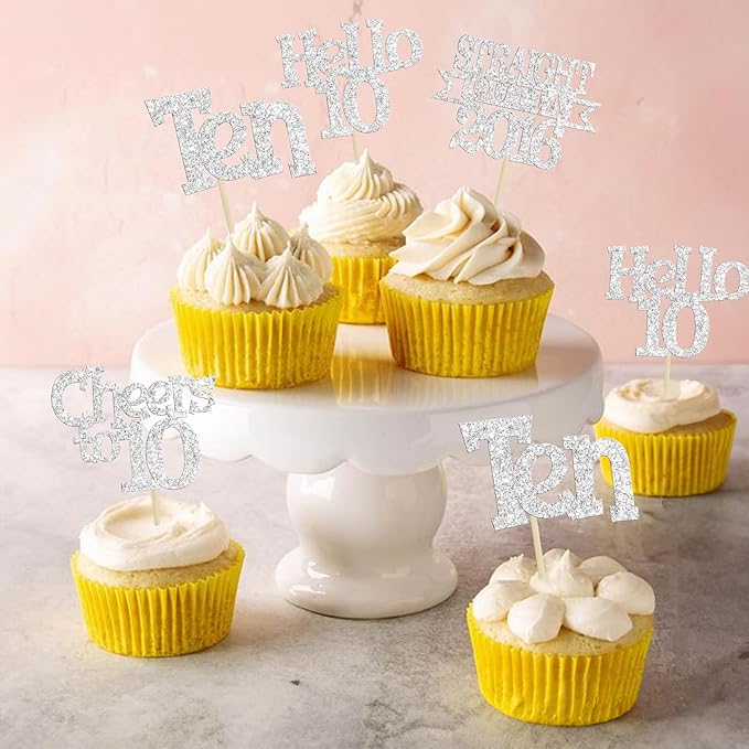 Ephlyn 24Pcs Happy 10th Birthday Cupcake Toppers Glitter Ten Cupcake Picks Hello 10 Cheers to 10 Years Cake Decorations for 10th Birthday Anniversary Party Decorations Supplies Silver