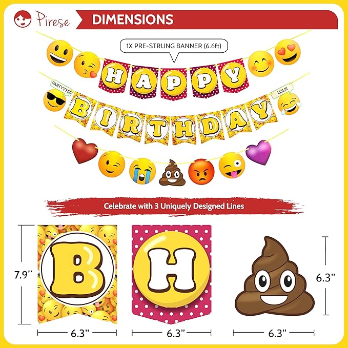 Pirese Emoticon Birthday Decorations - Smile Face Party Supplies, Happy Birthday Banner, Yellow Emoticons Decor, Poop Party Supplies