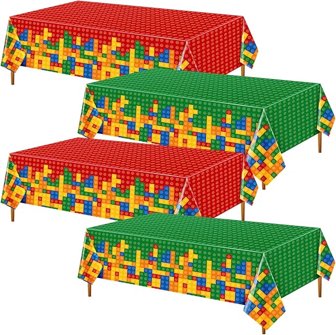 Oudain 4 Pcs Building Block Tablecloths Colorful Building Blocks Birthday Party Decorations 54 x 108 Inch Disposable Plastic Brick Table Cover Waterproof Brick Themed Party Supplies (Red,Green)