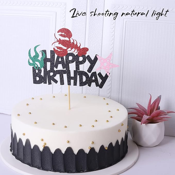 1 Pack Crawfish Happy Birthday Cake Topper Glitter Lobster Starfish Seaweed Theme Birthday Cake Pick for Baby Shower Birthday Ocean Party Cake Decoration Supplies Black