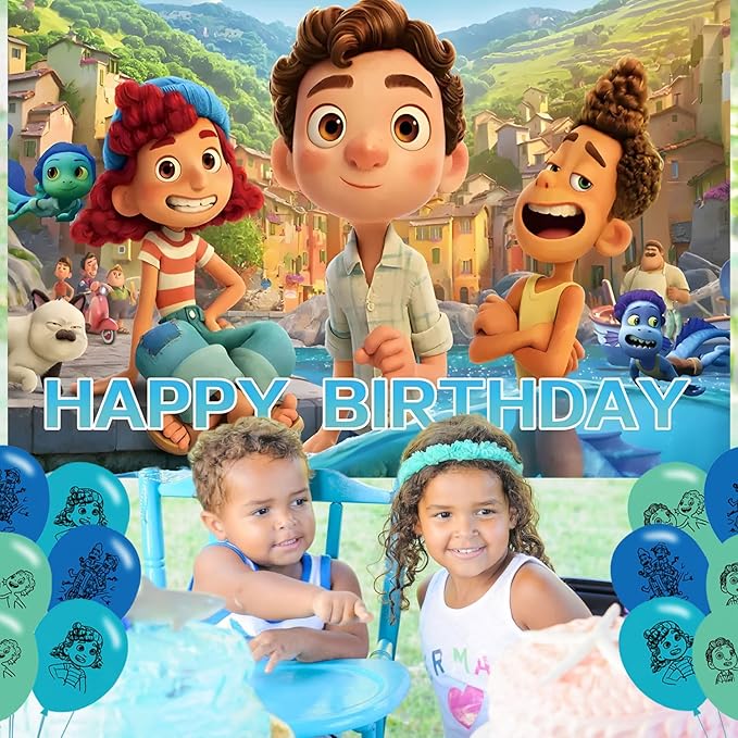 Luca Birthday Party Decoration,Cartoon Party Photo Background 5 x 3 FT and 18 Pcs Balloon,Merch Party Backdrop Supplies