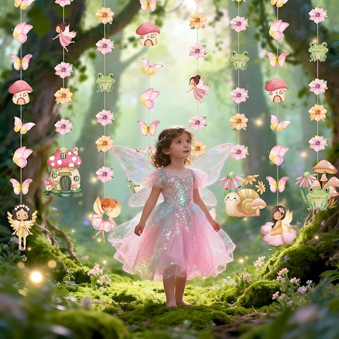 8 Pcs Fairy Party Decorations Fairy First Birthday Hanging Garlands Banner Butterfly Mushroom Flower Paper Cutouts Streamer for Wall Ceiling Decor Wonderland Garden Tale Floral Party Supplies