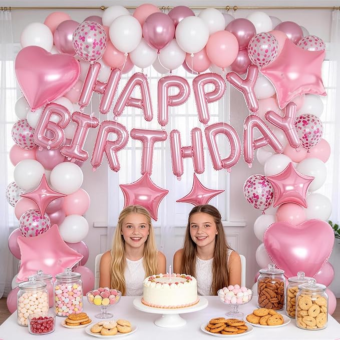 Pink Birthday Decorations for Girls Pastel Light Baby Pink Metallic Whte Confetti Latex Balloon Happy Birthday Banner Heart Foil Balloon 18/10 Inch Star Balloons for Women Bday Party Supplies