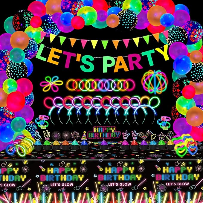 255 PCS Glow Neon Party Supplies Glow Sticks Party Decorations Black Light Reactive Decor Set - Fluorescent Banner, Glows in The Dark Balloons, Neon Tablecloths, Cake Toppers, Light Up Sticks, Glasses