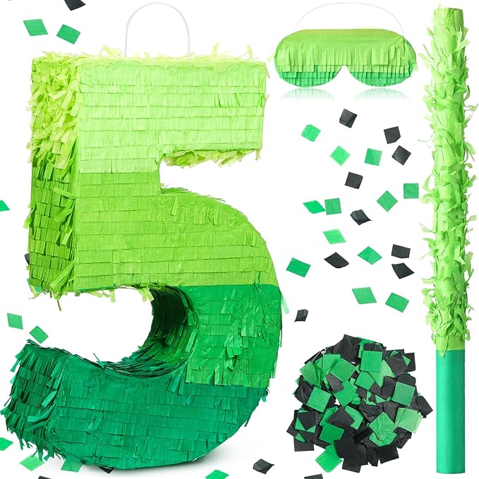 Number Piñata Decorations 16 Inch Gradient Green Piñata with Blindfold Stick and Confetti for Birthday Baby Shower Safari Jungle Themed Party Supplies Centerpiece(Number 5)
