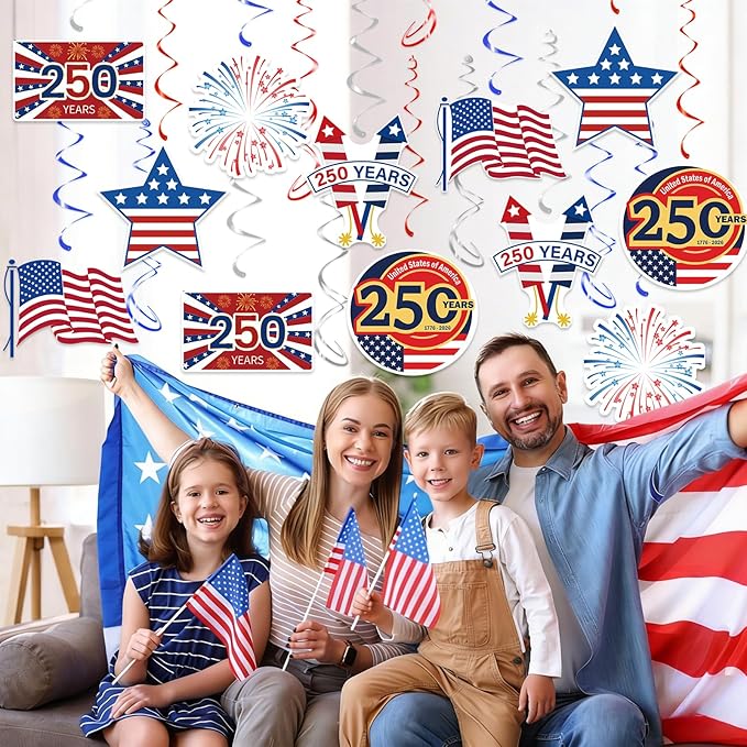 USA 250th Anniversary Hanging Swirls, 30Pcs United States 250 Years Ceiling Streamers Hanging Ornaments for American Anniversary Party Decorations