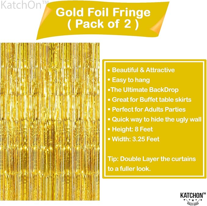 KatchOn, XtraLarge Gold Streamers Backdrop - 3.2x8 Feet, 2 Pcs | Gold Fringe Backdrop Curtain for Ramadan Decorations for Home, Casino, 50th Birthday Decoration | Graduation Decorations 2026