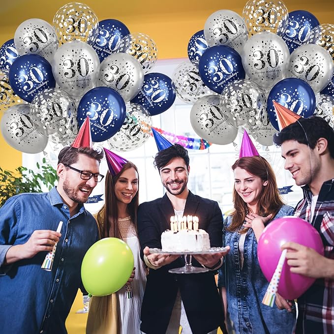 Blue Silver 30th Birthday Latex Balloons, Navy Blue Silver Happy 30th Birthday Party Decorations for Men, 15 Pcs 30th Balloons for Him Age 30 Years Old Birthday Celebration Party Decorations Supplies