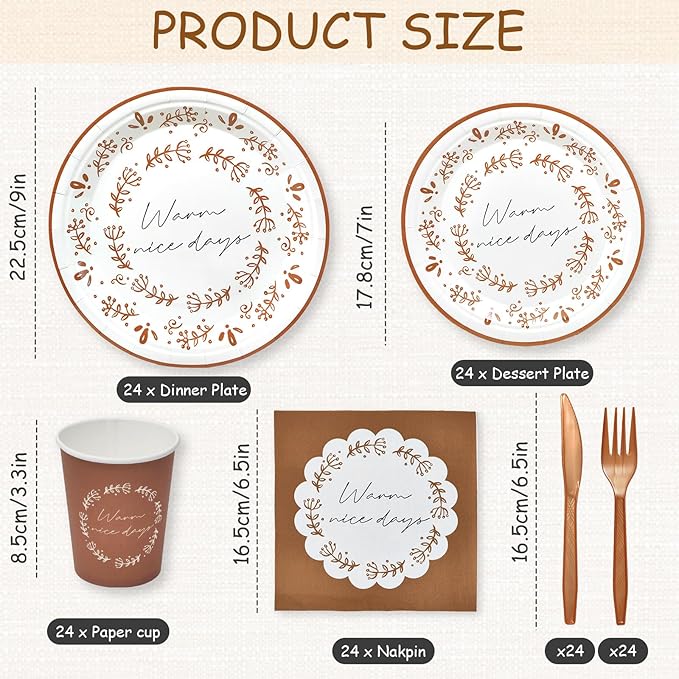 144Pcs Boho Birthday Party Supplies Decorations Brown Flower Paper Plates Napkins Vintage Party Tableware Disposable Dinnerware Set for Birthday Baby Shower Table Decor, Serve 24
