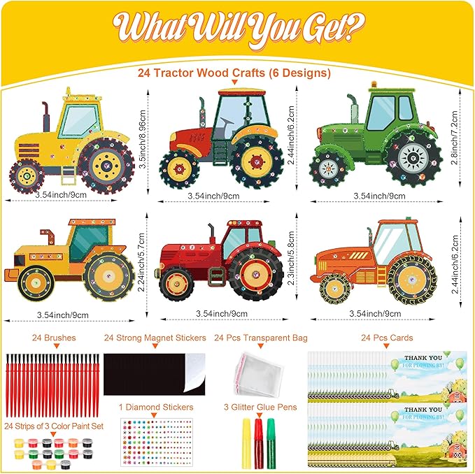 Bafeil 24 Sets Tractor Party Favors, DIY Wooden Painting Crafts Kit with Magnets, Tractor Birthday Party Supplies, Farm Theme Party Decorations Goodie Bags Gifts Stuffers Prizes