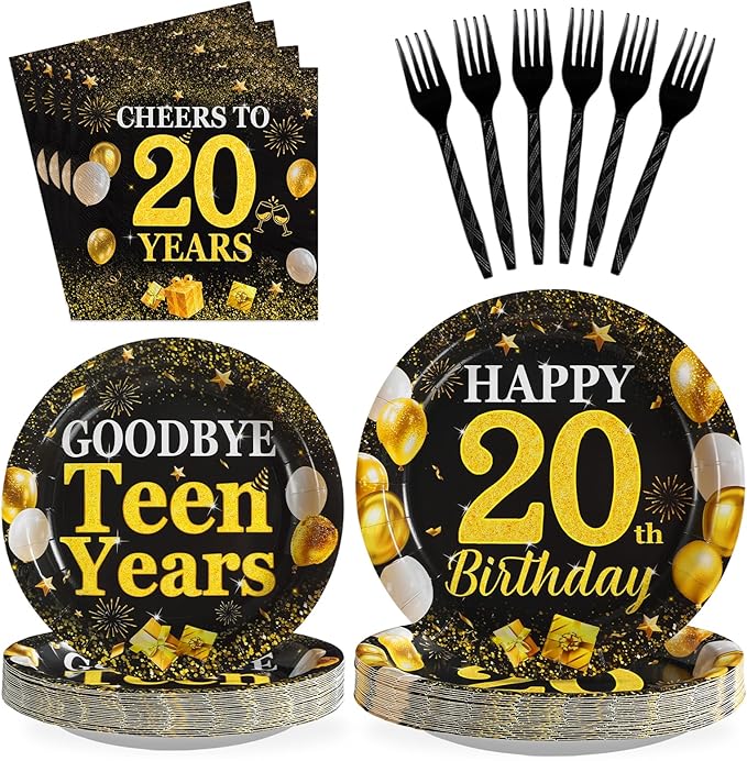 Grencian 96Pcs Happy 20th Birthday Party Supplies Gold and Black Goodbye Teen Years Paper Plates and Napkins Cheers 20 Years Sets for 20 Year Old Teen Girls Theme Party Decoration Serves 24