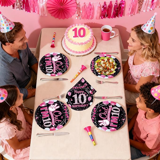 96Pcs 10th Birthday Party Supplies Black and Hot Pink Plates Napkins and Forks Diamond I’m 10 Disposable Paper Tableware Set for Girls 10 Years Old Birthday Party Supplies Serves 24