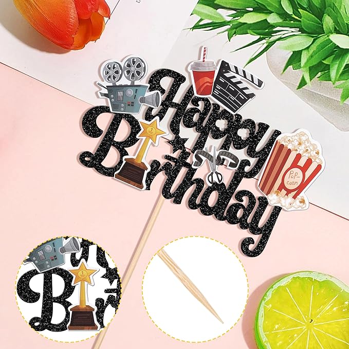 1 PCS Movie Happy Birthday Cake Topper Glitter Roll Camera Video Recorder Popcorn Movie Night Cake Pick for Hollywood Theme Family Film Baby Shower Birthday Party Cake Decorations Supplies Black