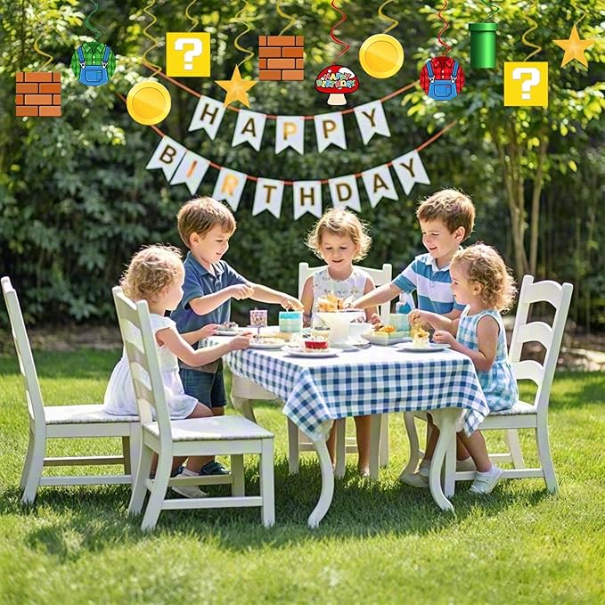 Video Games Party Decorations Super Adventure Party Decor, Assembled and Ready to Use, Cartoon Theme Party Hanging Swrils 24pcs Party Streamers Kids Boys Birthday Party Decor Supplies