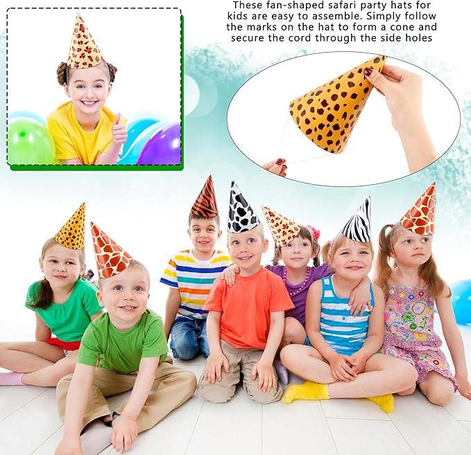60 Pcs Jungle Party Cone Hats Leopard Print Paper Party Hats Safari Theme Birthday Party Cone Paper Hats for Kids Adults Jungle Animal Theme Party Supplies