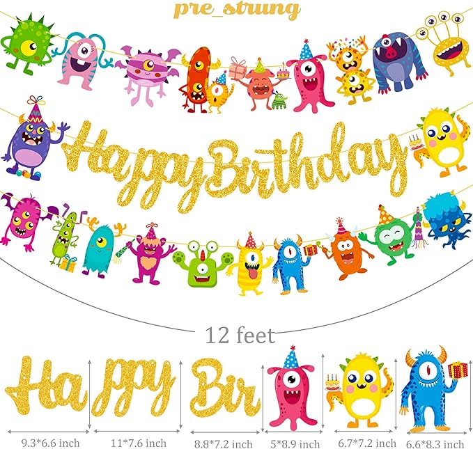 Monster Happy Birthday Banner Monster Bash Birthday Party Supplies Glitter Little Decorations for Kids Little Monster Theme Baby Shower Birthday Banner Supplies