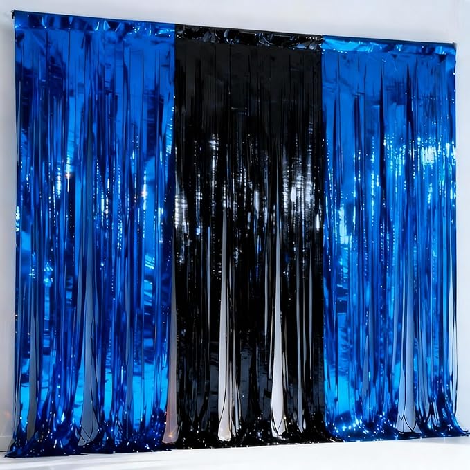 3packs Navy Blue Black Foil Fringe Curtains, Blue Birthday Party Decorations Backdrop for Women, Graduation Tinsel,Retirement Tinsels for Man Him,Wedding Streamers-Each 3.3 x 6.5ft