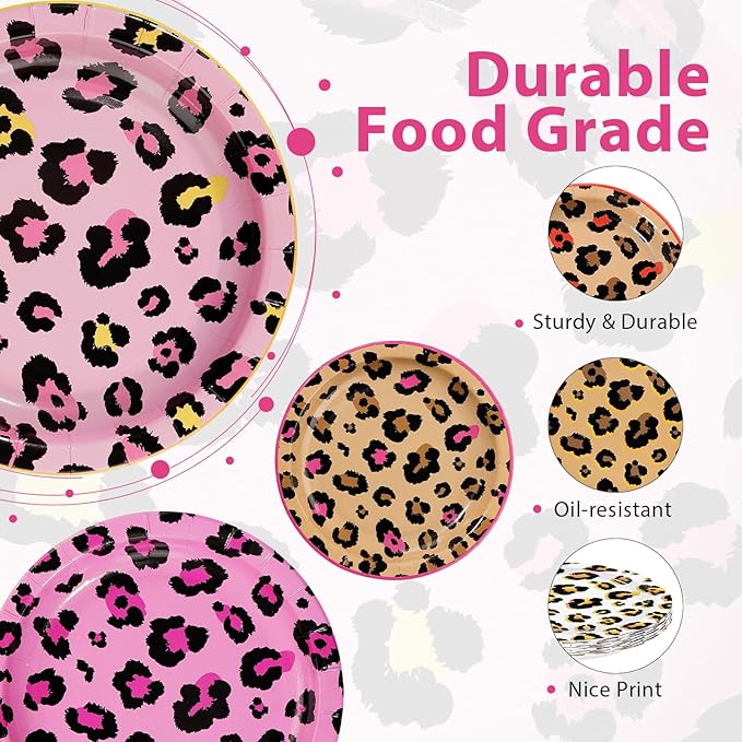 60Pcs Cheetah Theme Paper Plates - 7'' Heavy Duty Jungle Animal theme Dessert Cake Paper Plates Disposable Leopard Party Platters for Girls Jungle Safari Wild Birthday Party Decorations