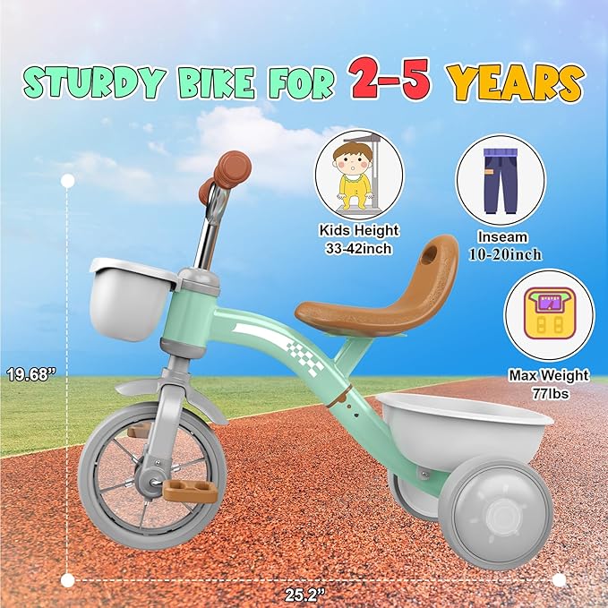 Toddler Tricycle for 1-3 3-5 Year Olds, 2 3 4 5 Year Old Girl Boy Birthday Gifts, Toddler Baby Bike, 4-Level Adjustable Seat, 3 Color Light Wheels, 2 Baskets, Outdoor Riding Toys for Ages 2-4