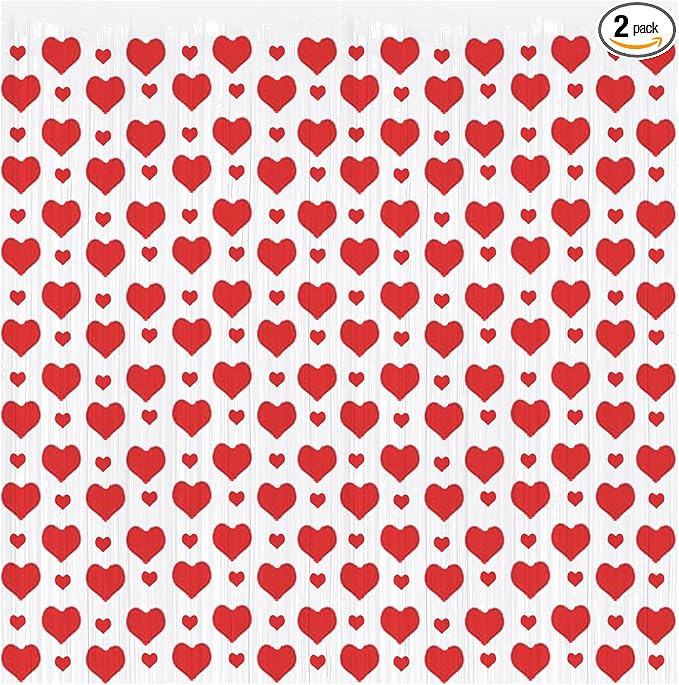 Heart Tinsel Foil Fringe Curtain, Valentines Party Decoration, 2-Pack Red Heart Shape Foil Fringe Curtain Valentines Tassel Streamer Photo Backdrop for Birthday Wedding Engagement Baby Shower