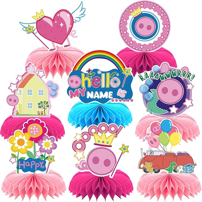 8Pcs Pink Pig Party supplies set Honeycomb Centerpieces Double Sided Table Topper for Birthday Decorations