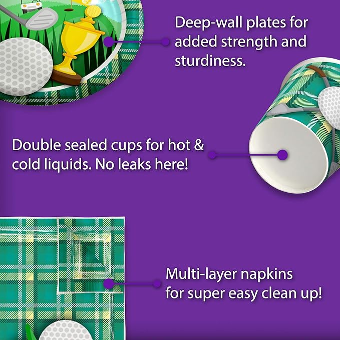 Golf Sports Birthday Party Supplies Set Plates Napkins Cups Tableware Kit for 16